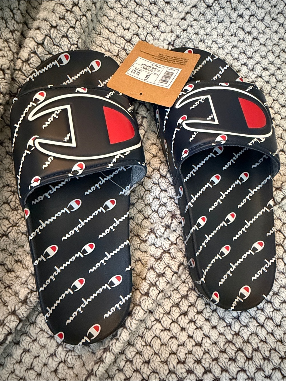 Champion Black Slide Sandals with Red Logo Accents - Kids